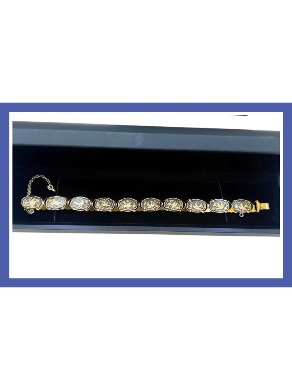 Gold-Plated Damascene Inlay Bird coin Link Vintage Bracelet With Black Enamel